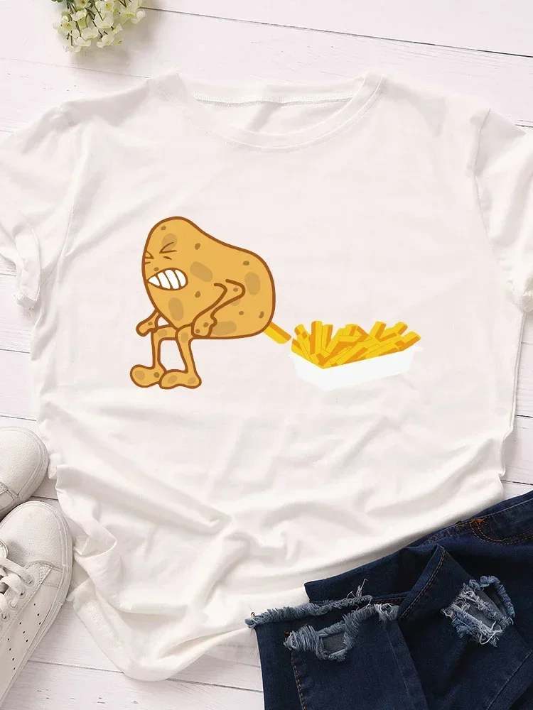 Funny Potato Fries Print Women T Shirt Short Sleeve O Neck Women Tshirt Ladies Tee Shirt Tops Clothes Camisetas Mujer
