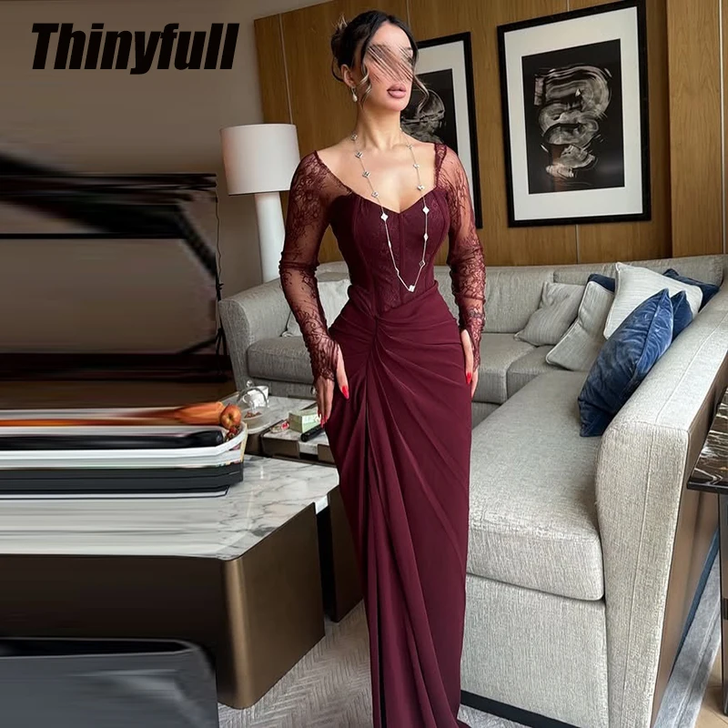

Thinyfull Mermaid Prom Dress 2026 Sweetheart Full Sleeves Satin/Lace Evening Dresses Long Party Gown Robe De Soirée Customized