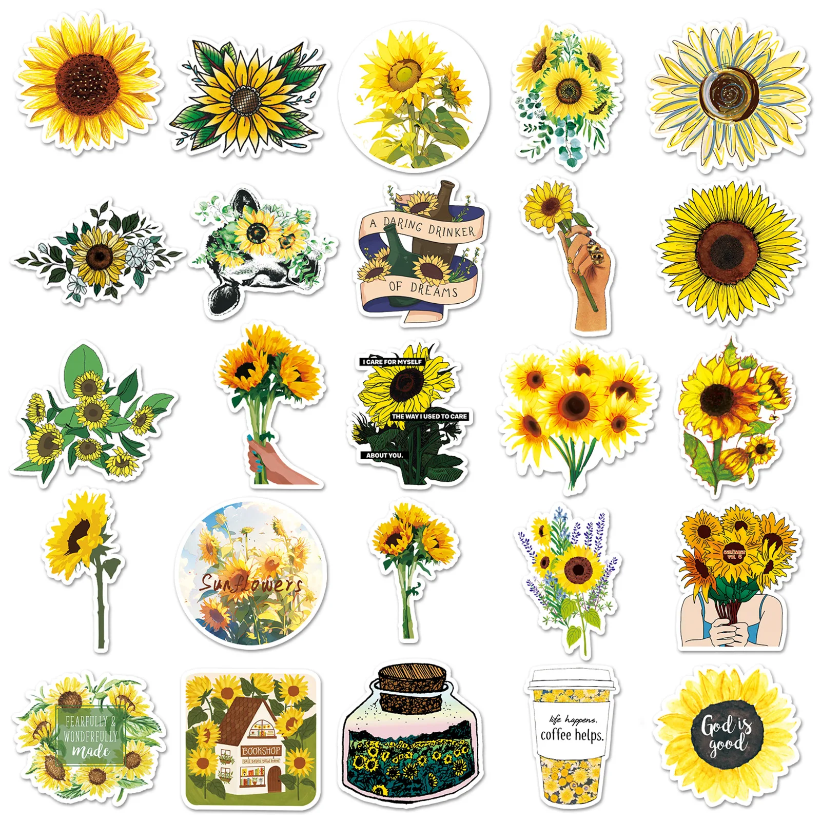50PCS Sunflower Flower Cartoon Style Graffiti Decorative Water Cup Skateboard Laptop iPad Waterproof Stickers Kids Toy