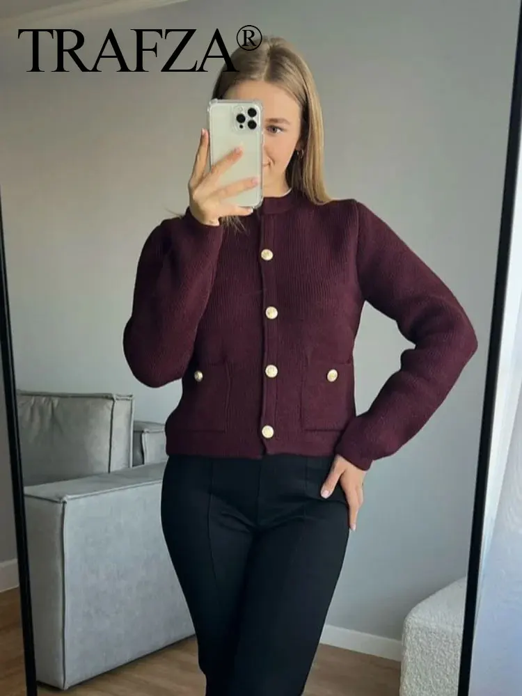 TRAFZA Woman Solid Sweater Knit O-Neck Long Sleeve Slim Single-breasted Female Cardigan Top 2024 Pocket Wild Women's Knitwear