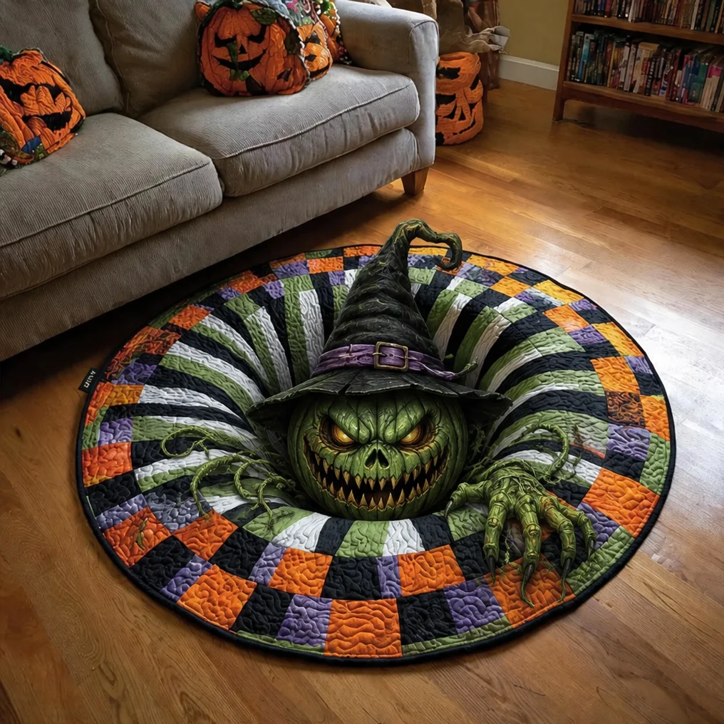 Runder Halloween-Kürbis-Teppich mit 2D-Illusion und Steinkunst-Grafikdesign für Wohnzimmer, Schlafzimmer und Heimdekoration – Detail 6