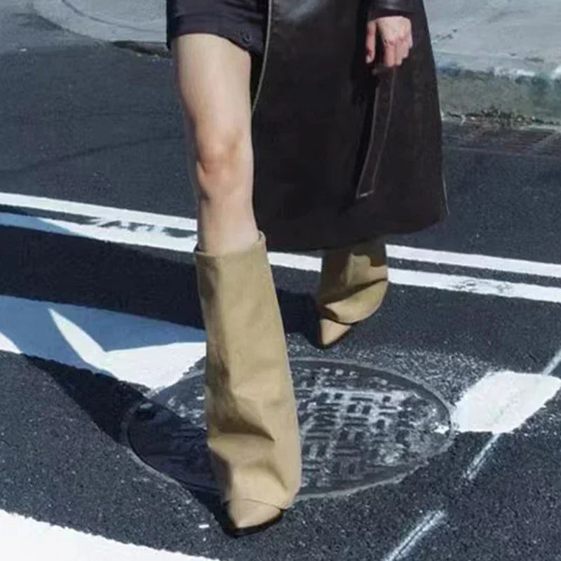 Knee High Heels Women Boots Leather Chunky Fashion Shoes Pointed Toe Snow Long Boots New Designer Pumps Punk Chelsea Botas Mujer image 4