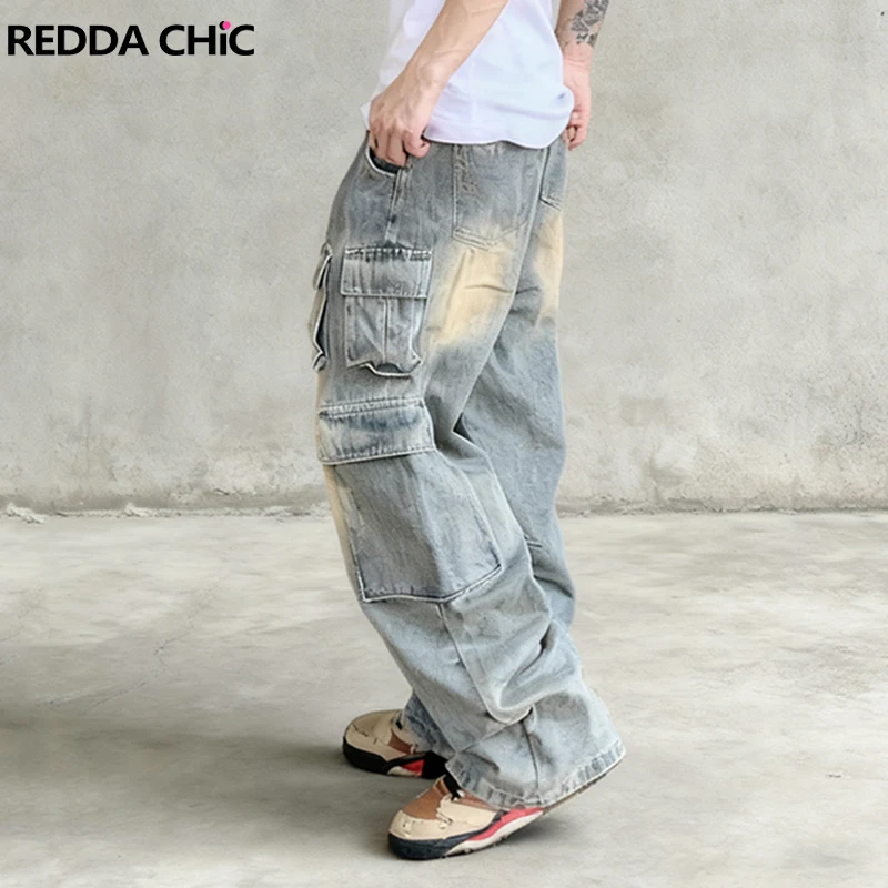 

REDDACHIC мужские потертые джинсы-карго с несколькими карманами, винтажные свободные широкие брюки с низкой талией, повседневная уличная одежда для фигуристов