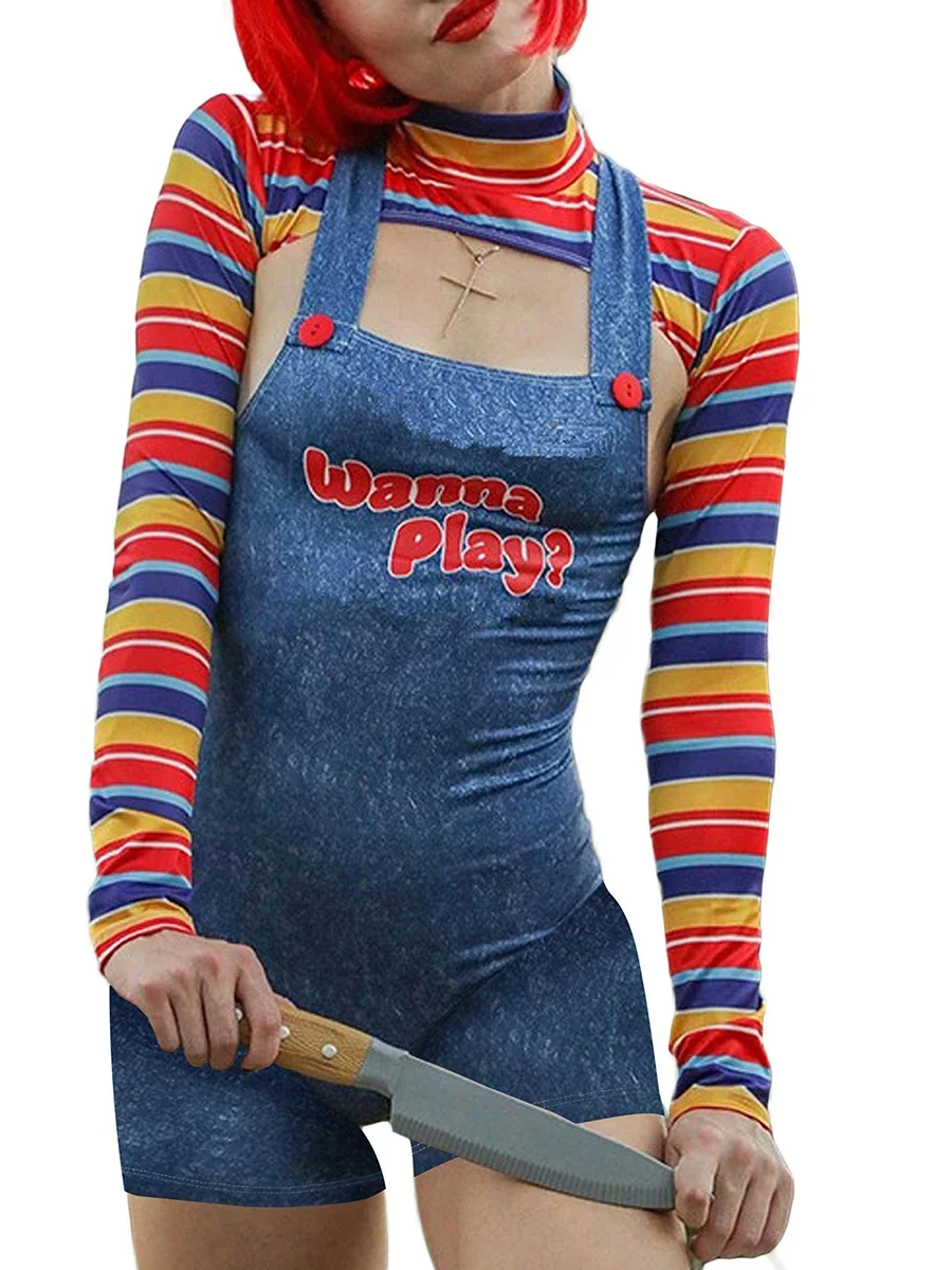 Kobiety 2-częściowe kostiumy na Halloween Straszna lalka koszmarowa Wanna Play Postać filmowa Body Chucky Doll Cosplay Costume Set