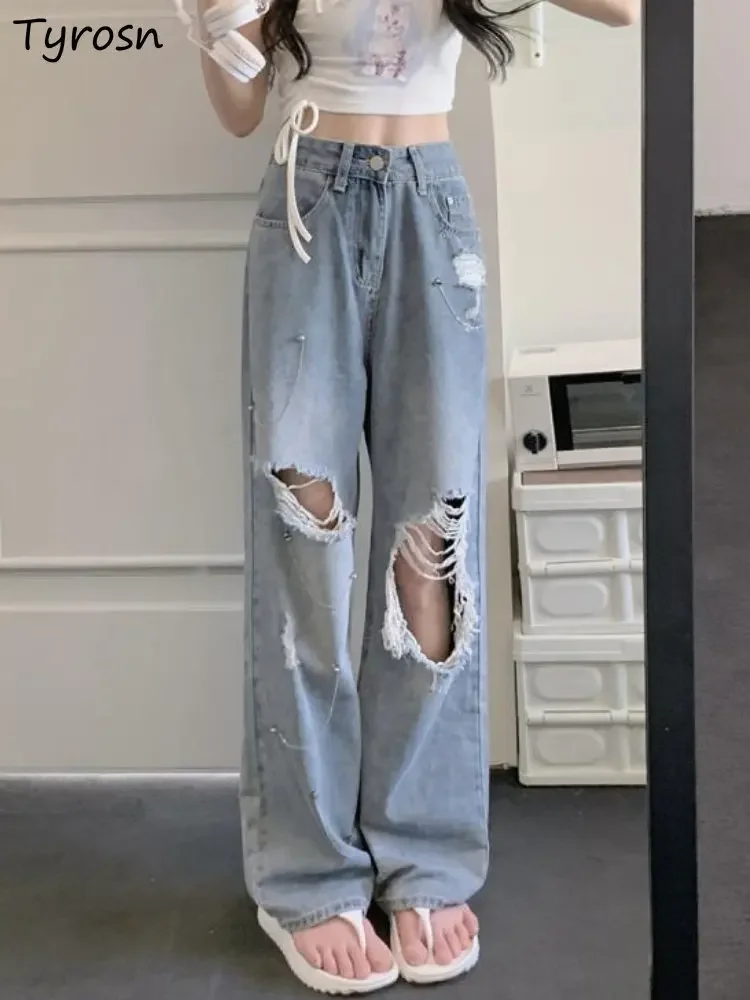 Jeans Women Hole Personality Summer Denim Trousers Korean Style Loose Ladies All-match Creativity Casual Fashion Wide Leg Simple