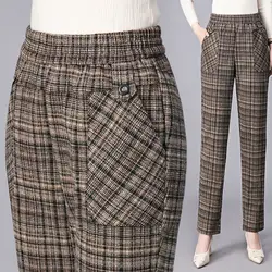 Pantalones rectos a cuadros para mujer, pantalón Vintage grueso de talla grande, de cintura alta elástica, con bolsillos, informal, a la moda, para oficina, primavera y otoño, 2023