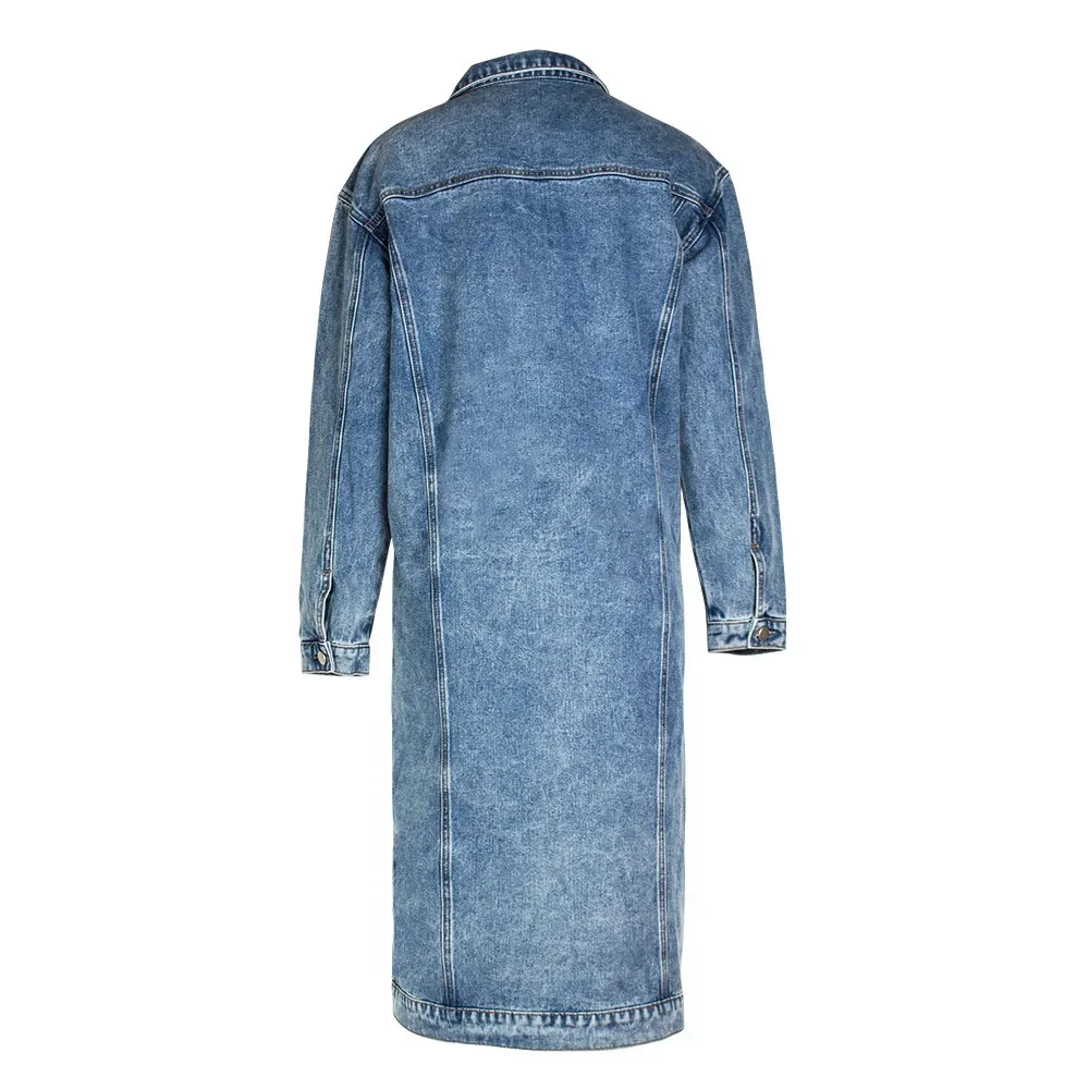 Klassiek lang spijkerjack voor dames, grote maten losse denim jack met lange mouwen en knopen, trenchcoat