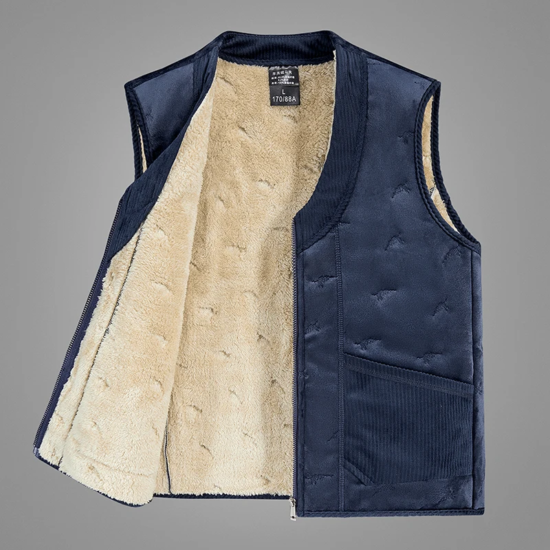 Men\'s Winter Warm Padded Silver Fox fleece Vest Sleeveless Jacket with cashmere lining Version comfortable Triple Cotton Coat