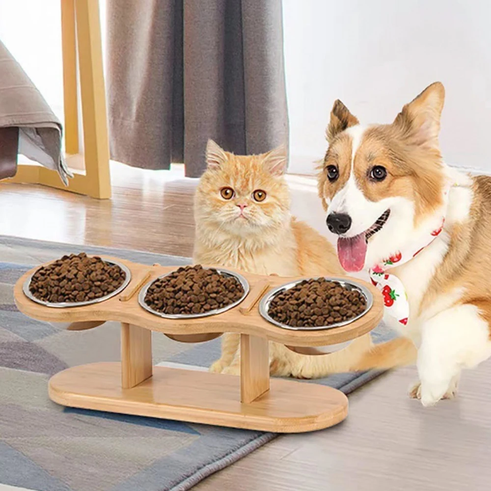 

Detachable Wooden Stand Pet Feeder Stainless Steel Bowls Ideal for Cats and Small Dogs Anti-knock Design Comfortable Eating