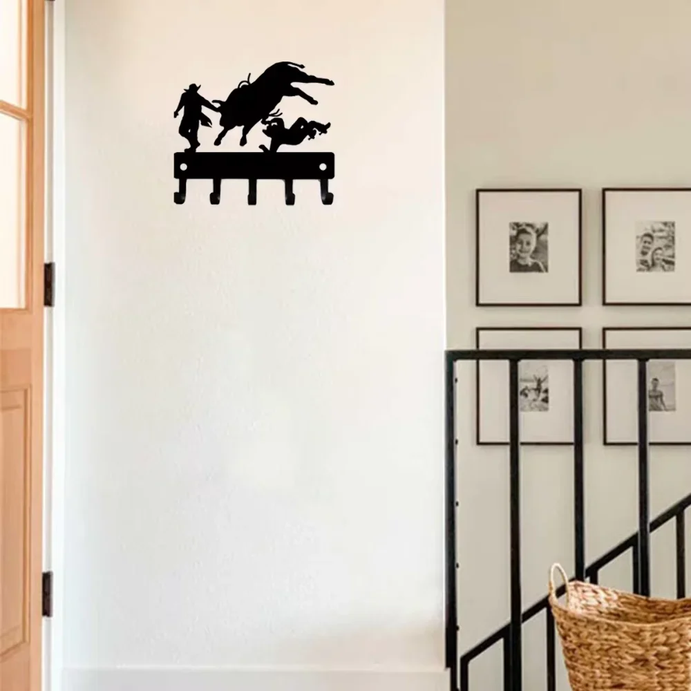 CIFBUY Cowboy Bull Rider Rodeo Clowns Metal Wall Art Key Rack Hanger Sturdy Iron Western Decor For Home Entryway Decoration Gift