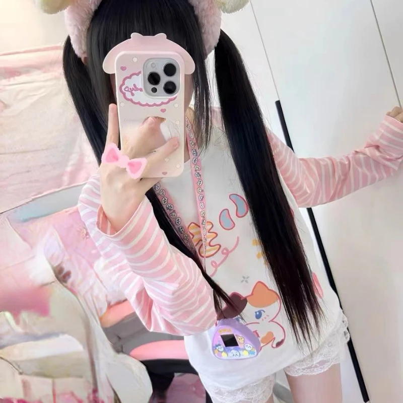 Japanese Patchwork Pink Stripe Casual T-shirt Autumn Cartoon Printing Harajuku Tops Grunge Kawaii Cute Y2k Aesthetic Tshirts