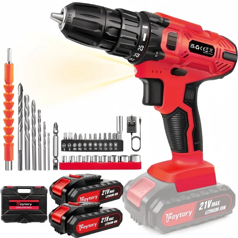 

BRIEFNESS 21V Cordless Drill 25 1 Torque Setting With 2 Batteries 29 Accessories, 2 Variable Speed LED Work Lights Home DIY