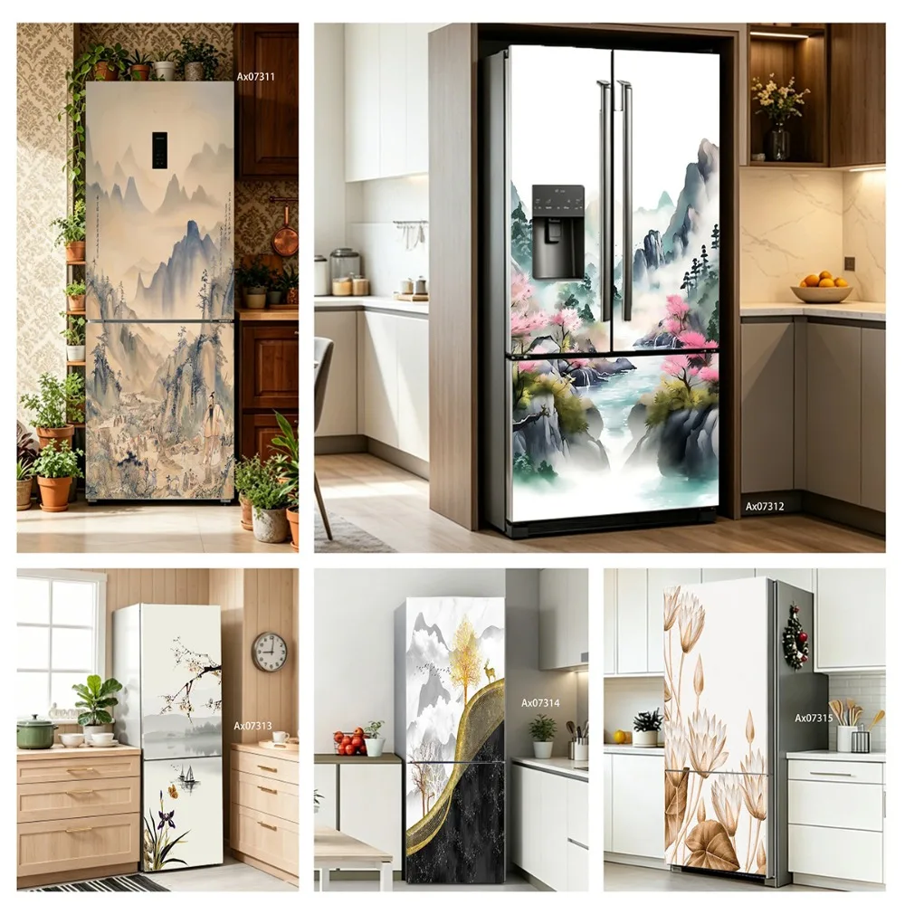 Watercolor Mountain Floral Fridge Door Sticker for Upright Fridge Household Decoration Cabinets Wardrobe Door Aesthetics Decor