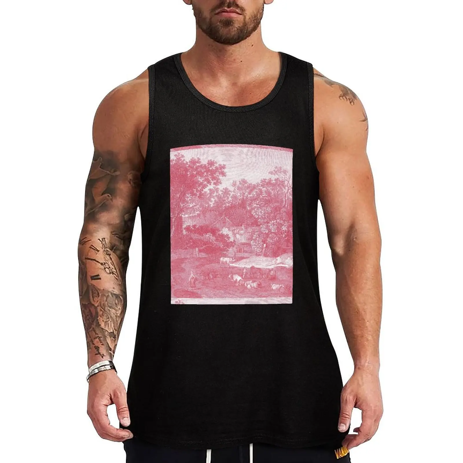 

Red Toile Pastoral French Country Scene Tank Top Muscle fit sleeveless shirts Sleeveless men gym accessories men