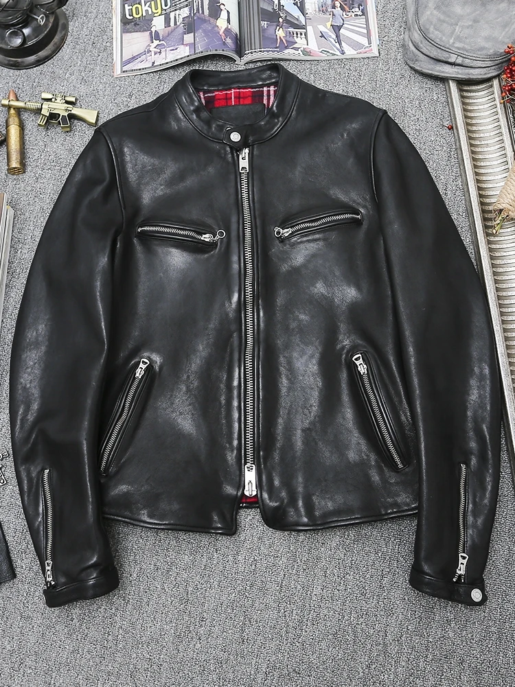 YR!Free shipping.2021 brand new.Black slim rider cool leather jacket.fashion style men tanned sheepskin coat.quality luxury