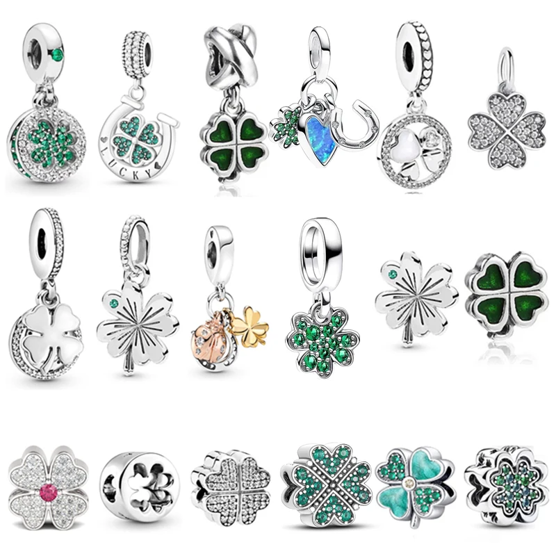 Lucky Four Leaf Clover Dangle Charm Beads For Women Fit Original 925 Sterling Silver Pandora Bracelet Necklace DIY Jewelry Gifts