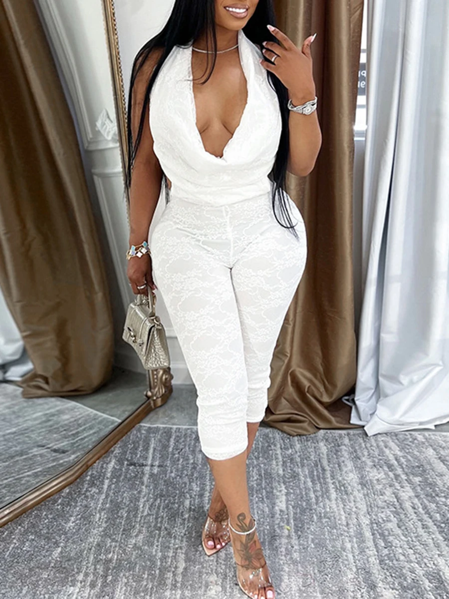 ZIML Solid Spliced Lace Tunic Slimming Jumpsuit for Women Halter Sleeveless High Waist Temperament Jumpsuit Female Fashion Style