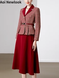 Traje rojo Vintage elegante para mujer, abrigo ajustado de pata de gallo de alta calidad + falda de línea a, conjunto de 2 piezas, otoño e invierno, 2023