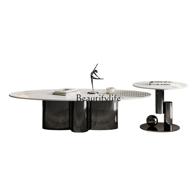 طاولة قهوة إيطالية بسيطة من JJ، طاولة قهوة بيضاوية الشكل فاخرة وحديثة الطراز من الفولاذ المقاوم للصدأ