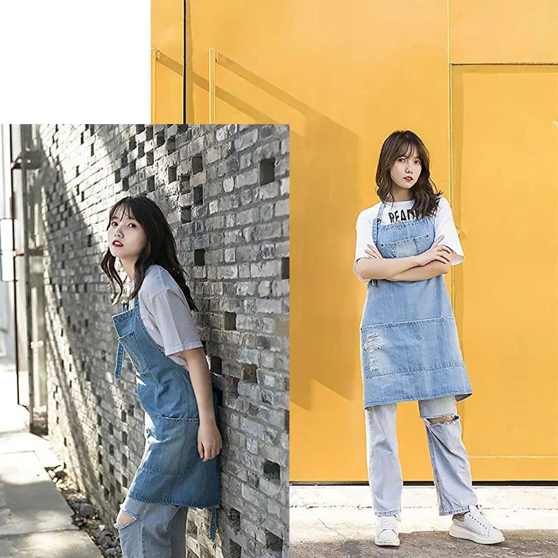 Japanese Washed Cotton Denim Aprons, Enlarged Coffee Shop Milk Tea Shop Gardening Workwear,Fashionable Apron Kitchen Accessories view 4