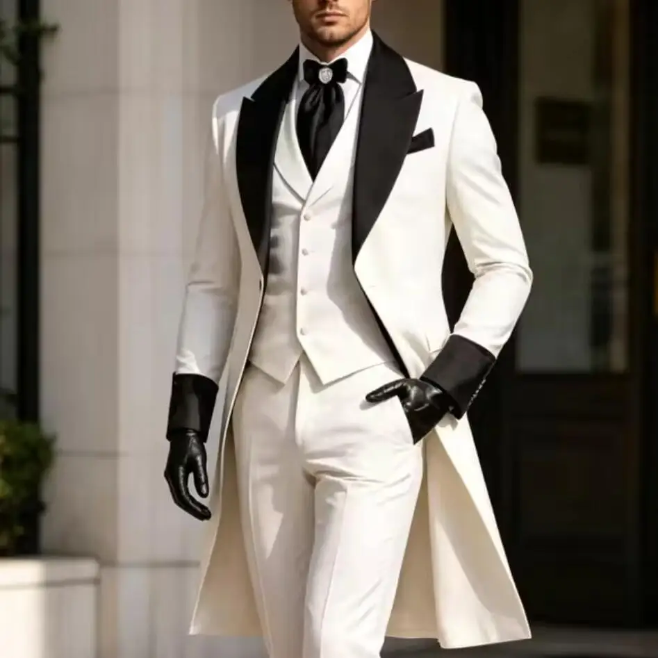White with Black Lapel Long Blazer Formal Men Suits Wedding Party Groom Prom Business Male Tuxedos 3 Piece Set Jacket Vest Pants