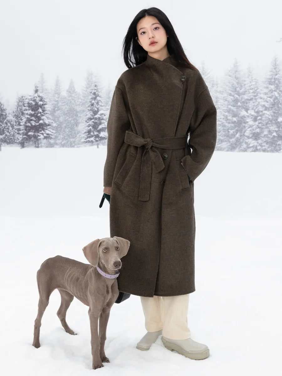 

00% Wool Handmade Double-Faced Coat Versatile Wearabili Collar Flap Waist Beltable Long Sve Commute Simple Sle