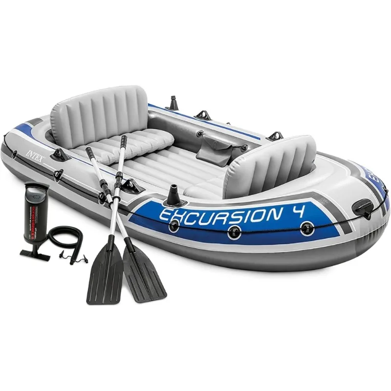Inflatable Boat Set 4 Person 1100lb Capacity with Adjustable Seats Backrest Oars Pump Fishing Rod Holders for Water