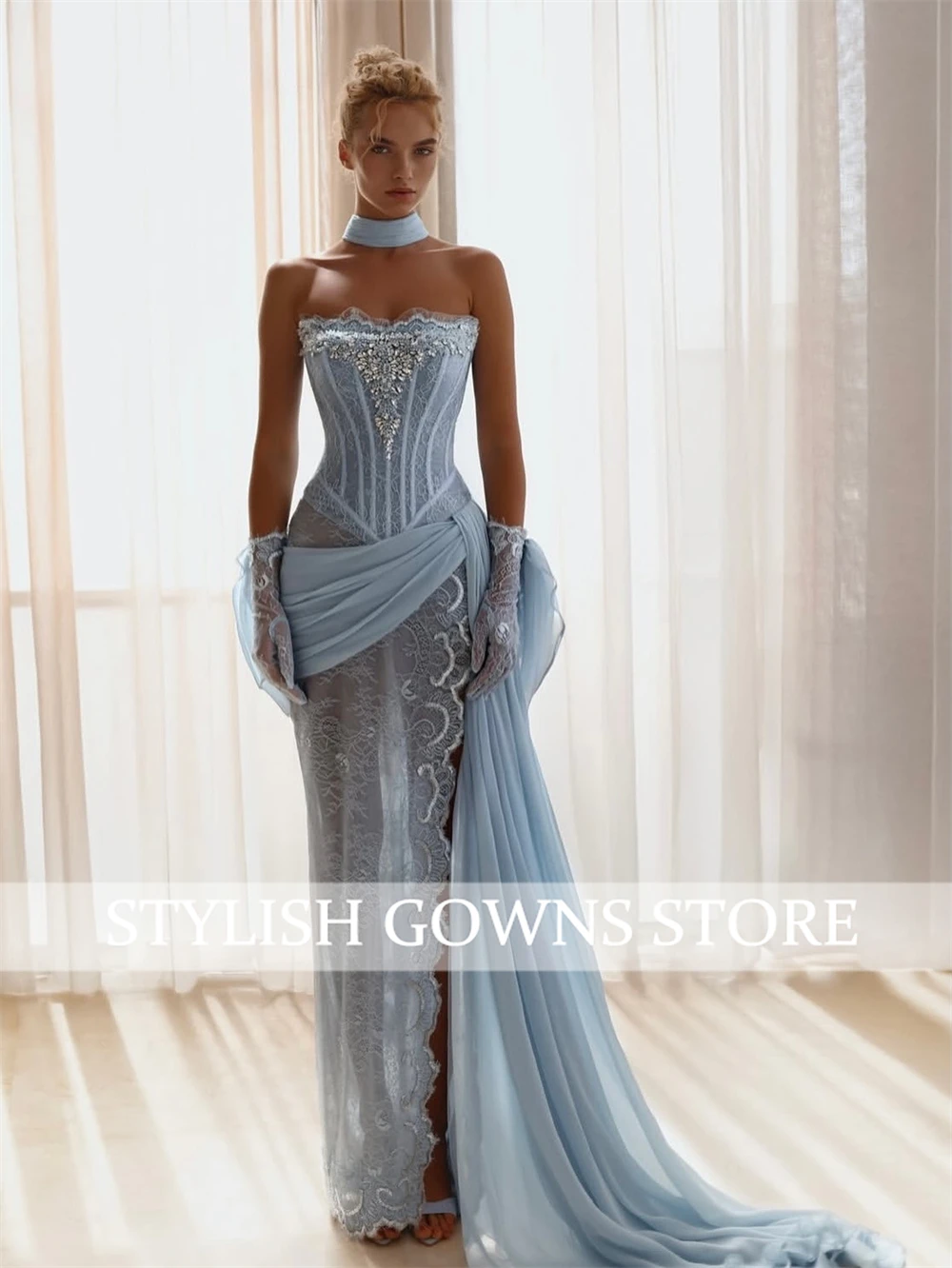 Elegant Mermaid Sky Blue Prom Dress Strapless Side Slit Sleeveless Party Gowns Floor-Length Evening Dress Customized