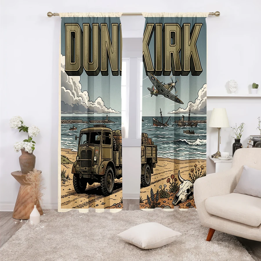 2PCS Curtains, Vintage Dunkirk War Poster Print Featuring Military Cargo Truck, WWII Fighter Plane, Coastal Seaside With Sunken