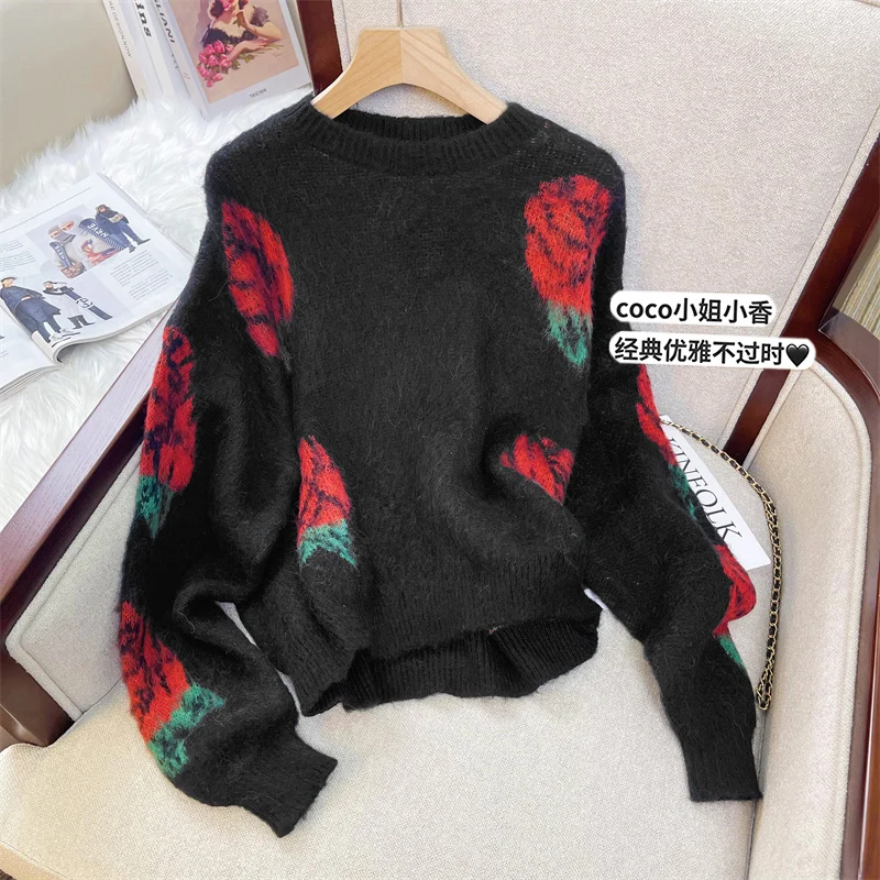 

Women's Black Gothic O-Neck Pullover Loose Long Sleeve Warm Knit Sweater Harajuku Vintage 2000s Cashmere Sweater Clothes Autumn