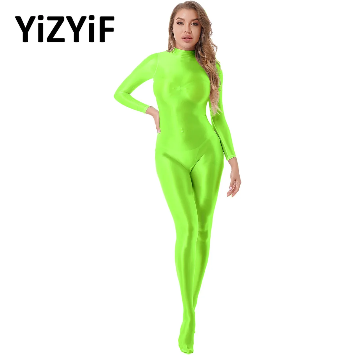 Womens Ladies Glossy Long Sleeve Bodycon Jumpsuit Romper Mock Neck Sport Fitness Gym Bodystocking Rave Party Clubwear