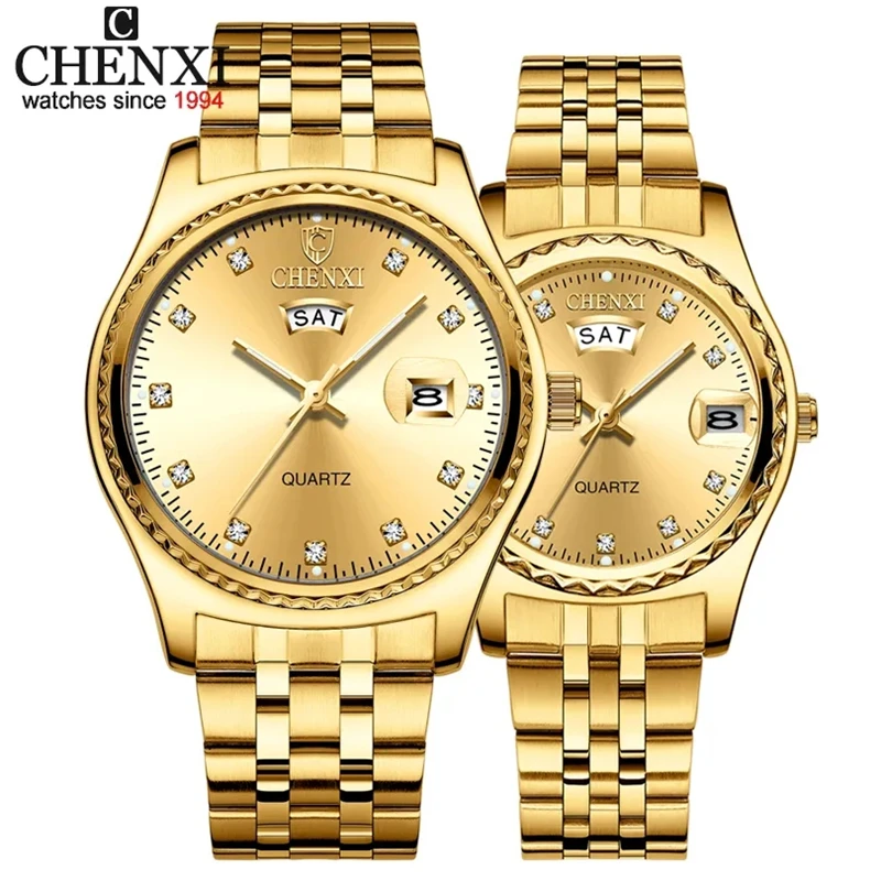 Mode Chenxi Topmerk 8204a Paar Luxe Kwarts Gouden Roestvrij Staal Casual Waterdichte Klok Cadeau Voor Dames En Heren Horloge