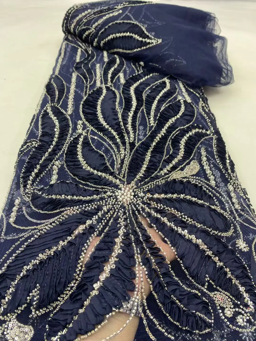 

Тюлевая кружевная ткань с нигерийскими блестками, высококачественная вышивка, африканская сетчатая ткань для выпускных платьев, бусины, 5 ярдов, 2025 DP0483