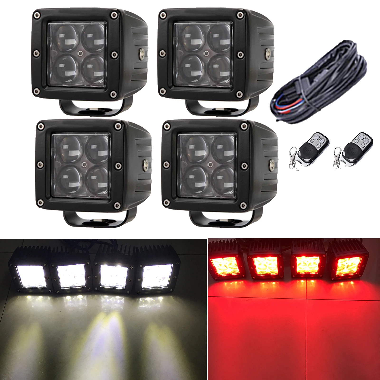 

4 Pods 3inch Red/White 120W Led Work Light Spot Fog Driving Light Off-Road Light Bar 9 Strobe Modes Emergency Warning Light Kits