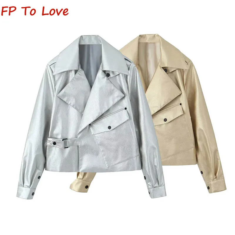 Y2K 2023 Autumn Winter Street Hipster Long Sleeve Lapel Silver Leather Jacket Loose Gold PU Personalised Jacket Women