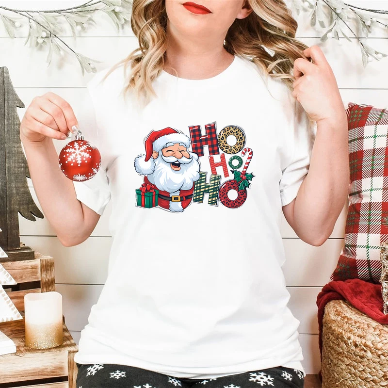 New Funny Santa Claus T Shirt Women Kawaii Graphic HO HO HO Tees Casual Crew Neck Tshirt Merry Christmas Gift Female T-shirts