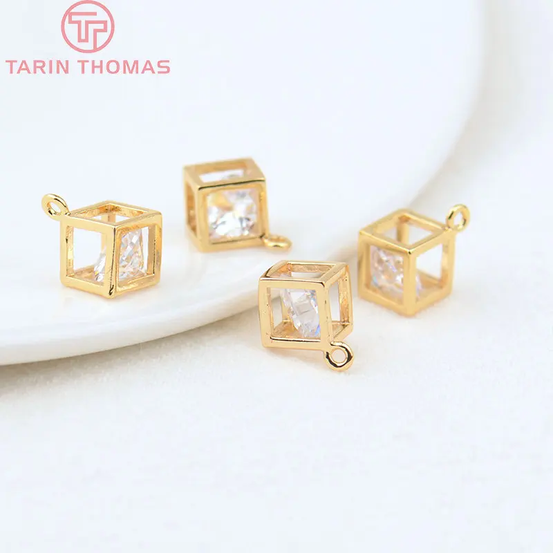 (1784)6PCS 5MM 6MM 7.5MM 24K Gold Color Plated Brass with Zircon Cube Charms Pendants High Quality Diy Jewelry Accessories