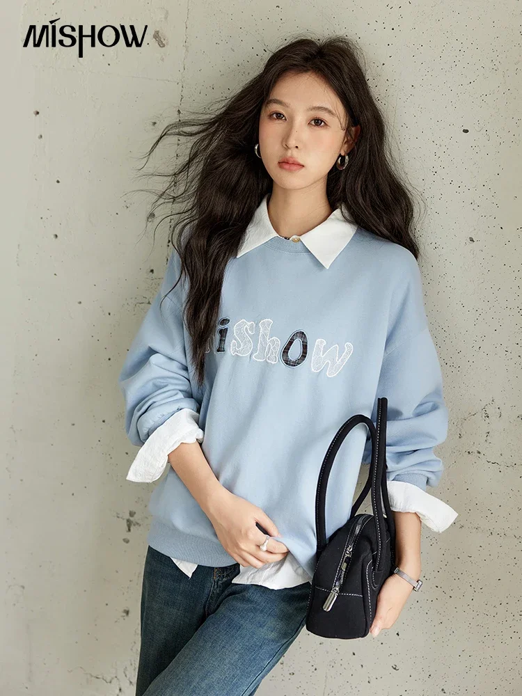 

MISHOW Korean Letter Embroidery Sweatshirt Women 2024 Autumn Casual Loose College Tops Polo Neck Long Sleeve Pullover MXD47V0095