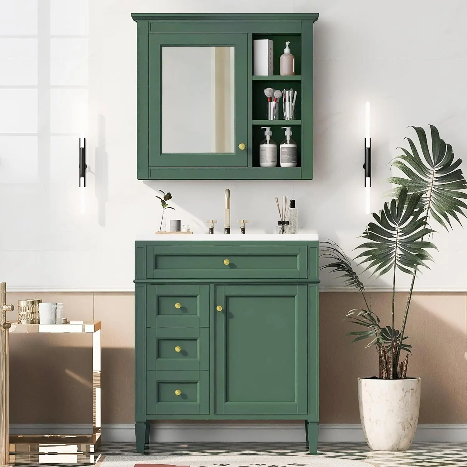 

30 Bathroom Vanity Combo with Medicine Cabinet Freestanding Solid Wood Frame Undermount Sink Top, Customized