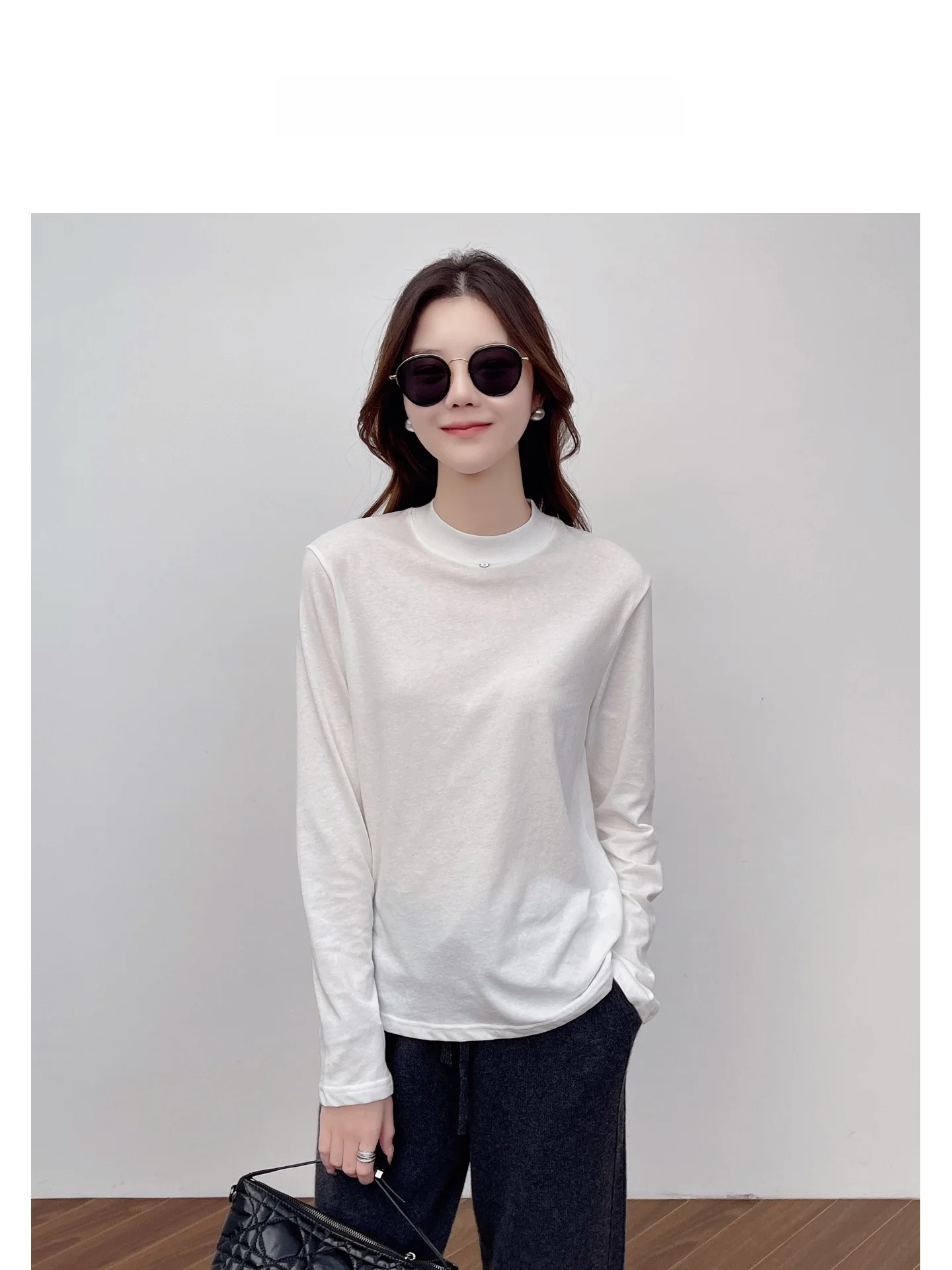 

Korean Faion Long Sve Cotton T-irt Women's Elastic Color Autumn Winter White Base irt Inner Wear Base Layer Top