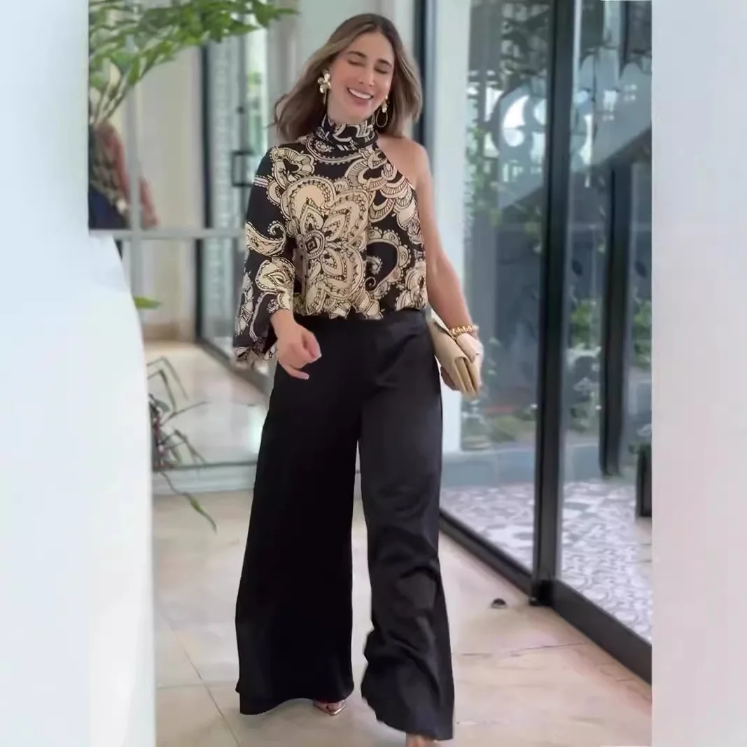 

2025 Elegant Office Women's Set Bohemian Printed Stand Up Collar Single Shoulder Sleeve Loose Top Casual Solid Color Pants Set