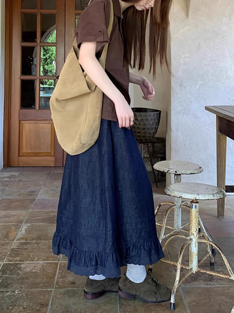 

Джинсовая синяя женская юбка средней длины в стиле ретро с кружевной отделкой, утягивающий дизайн, корейская юбка трапециевидной формы с высокой талией