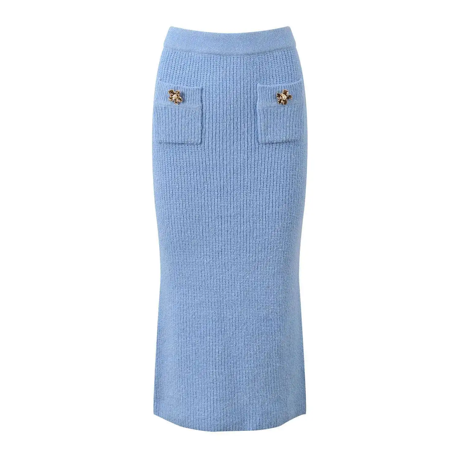 Luxury Designer Autumn Blue Knitted Two Piece Set For Women Diamonds Button Cardigans Long Pencil Skirts 2pcs Outfits
