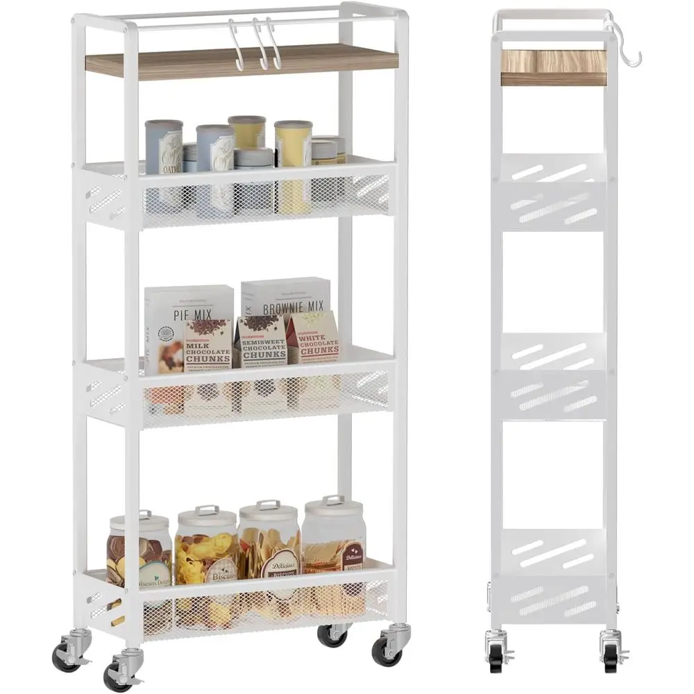 

DGSNADGO Slim Rolling Storage Cart, 4-Tier Kitchen Cart on Wheels, Narrow Utility Cart with Handle and Wooden Tabletop or Small