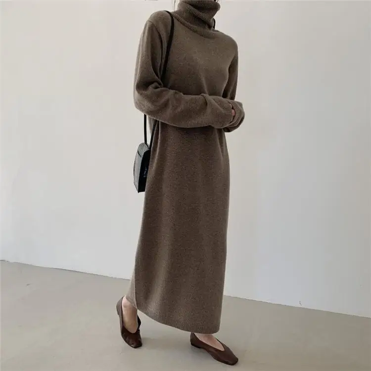 Casual Thicken Warm Women Knitted Dress Full Sleeve Loose Turtleneck Female Sweater Dresses 2024 Autumn Winter Vestidos