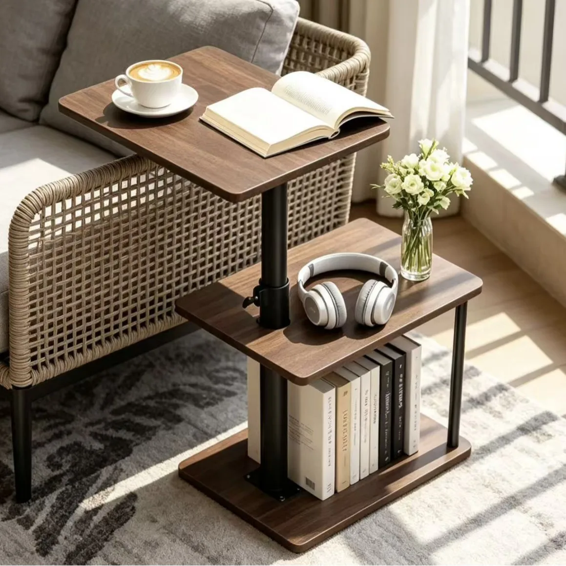 Direct supply adjustable 360 degree rotating edge few with storage rack notebook side table living room sofa side rack