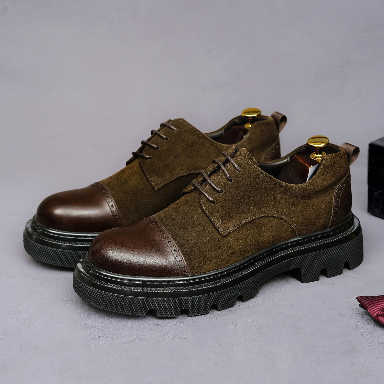 Men Brown Suede Genuine Leather Brogue Shoes Wingtip Lace Up Thick Sole Retro Business Casual Oxford Footwear For Male