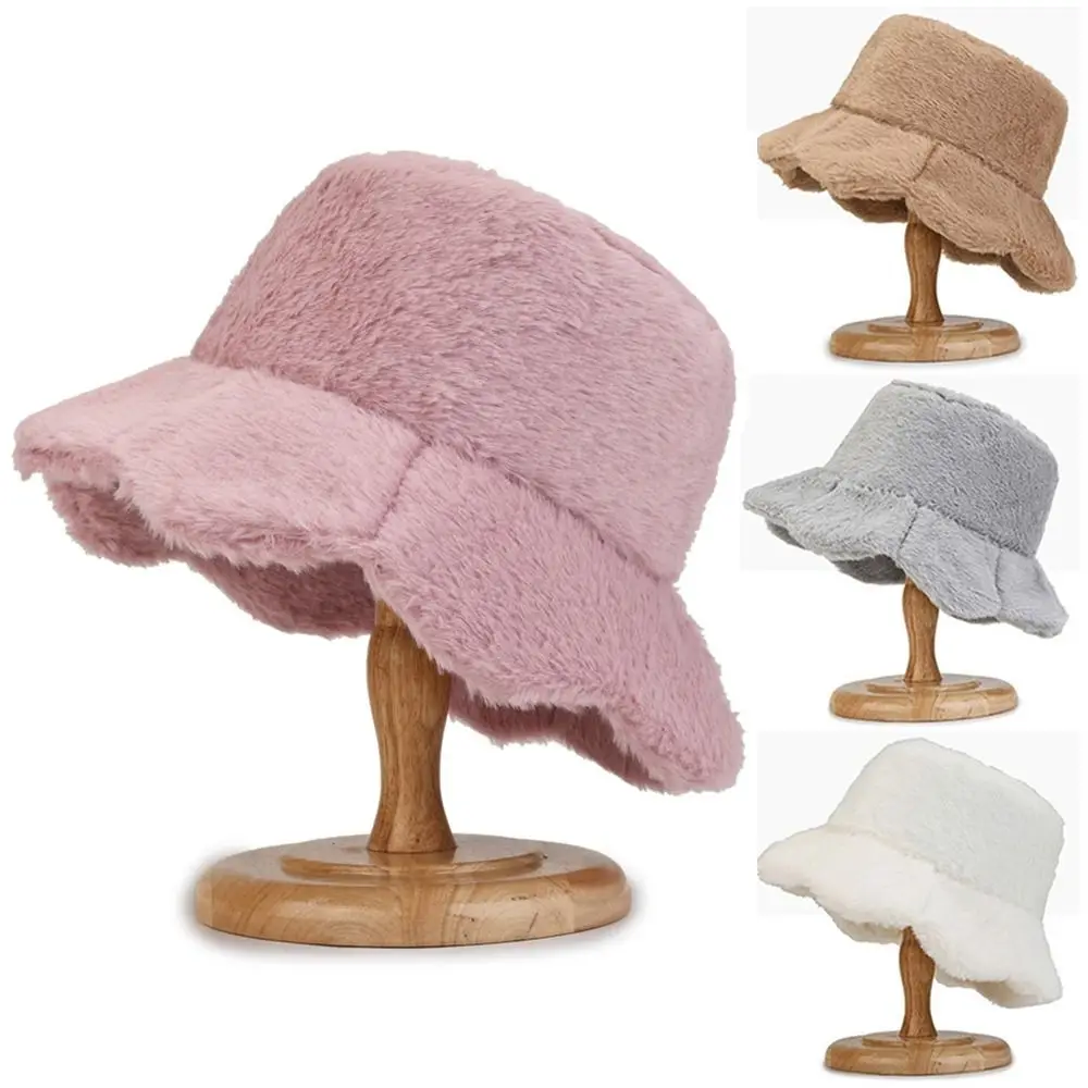 Girls Autumn Winter Plush Solid Color Fisherman Cap Bucket Hat