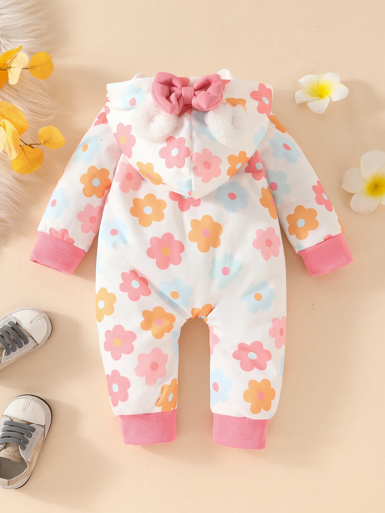 Newborn Baby Girl Autumn and Winter Sweet Casual Cute Comfortable Soft Stereo Plush Bow Hooded Toddler One-Piece Long Crawl Suit