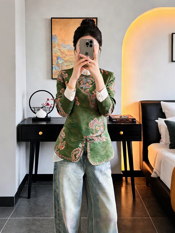 

Retro Chinese Style Short Shirt Long Sleeve Women's Top Button Design Elegant Floral Print Commute Style round Neck Spring Au...